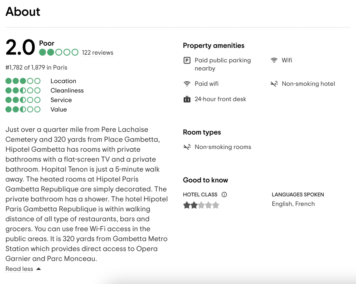 Ratings TripAdvisor Hipotel Paris Gambetta République