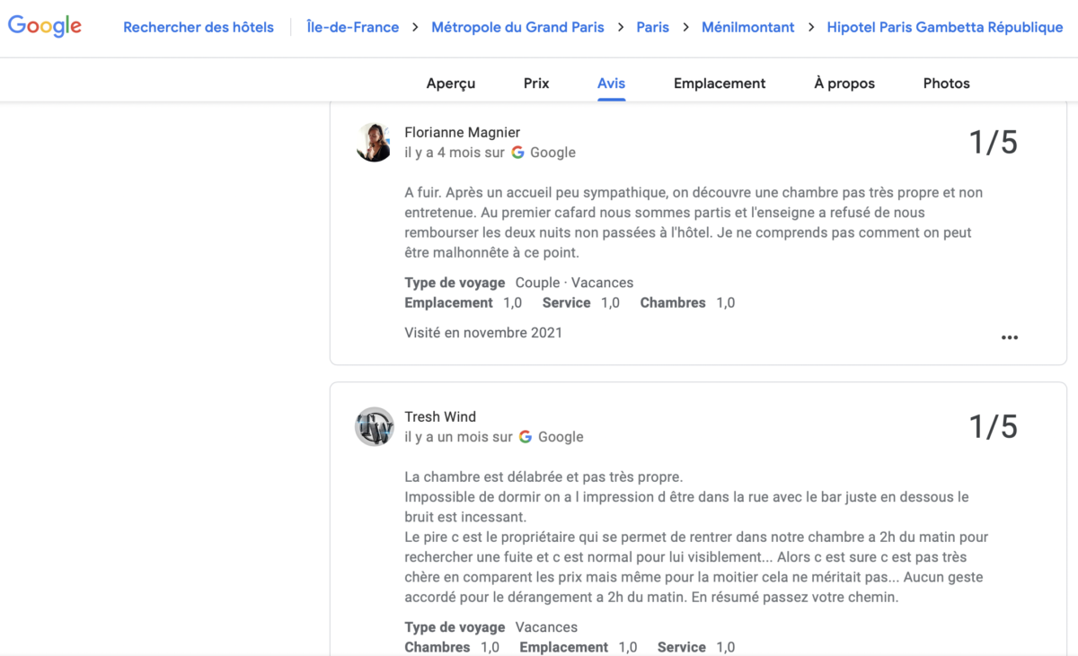 Reviews Google Hipotel Paris Gambetta République 1