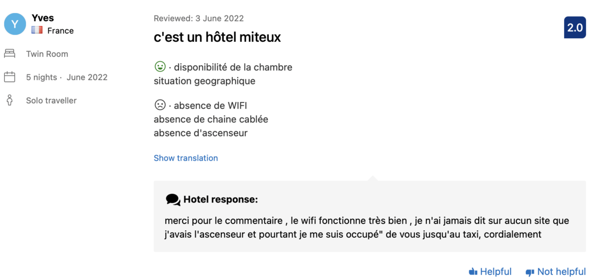 Reply Booking.com Hipotel Paris Gambetta République 3