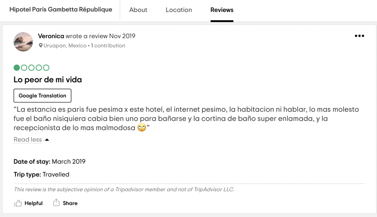 Reviews TripAdvisor Hipotel Paris Gambetta République 2